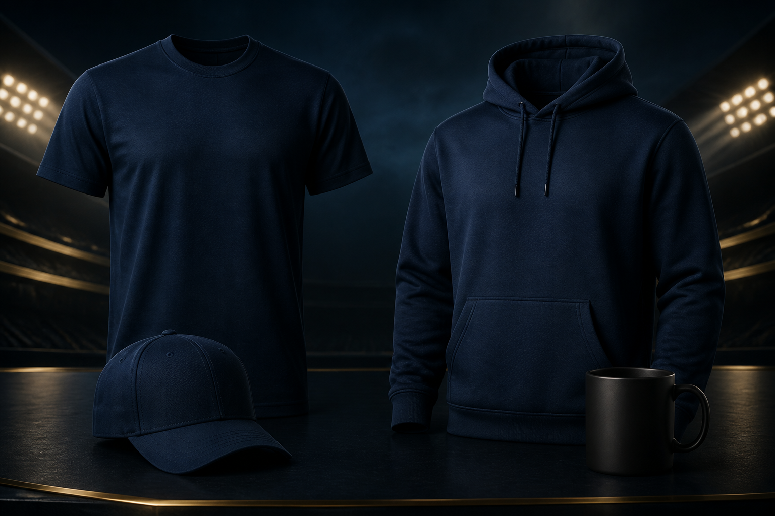 Navy T-shirt, hoodie, cap and black mug from the Blueprint merchandise collection